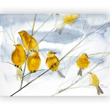 Akwarela oryginalna piękna najlepsza  Marta Konieczny 42x30 cm przyroda natura, na ścianę, do sypialni, na prezent, dla kobiety, ptaki, ptaszki, żółte, złota, na drzewie